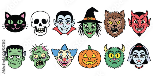 Canvas Print Halloween Characters and Symbols Collection with Spooky Ghosts Pumpkins Bats and