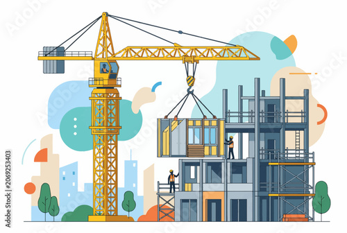 Modern Modular Building Construction Site with Tower Crane