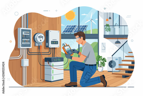 Engineer installing renewable energy system in modern eco home