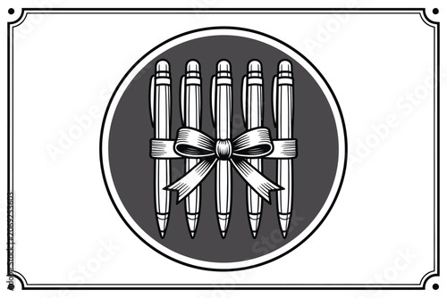 Vintage engraved illustration of five pens tied with bow, stationery