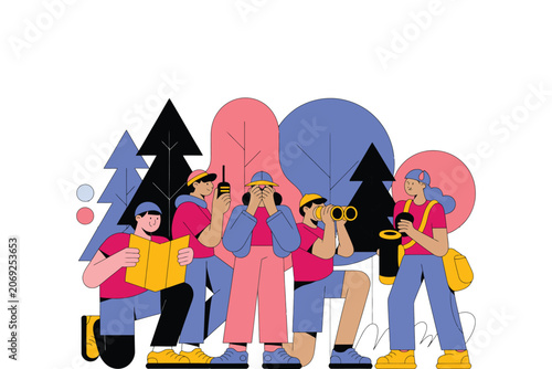 Group of explorers hiking in nature with map and gear, explorers
