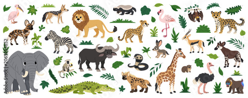 Canvas Print Cartoon african animals set, safari wildlife collection, savannah and tropical forest animals, exotic mammals, birds and reptiles, nature and fauna, tropical leaves collection