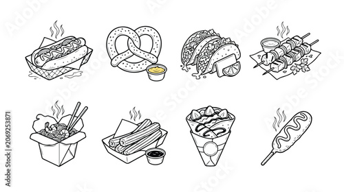 Obraz na płótnie Set of 8 Street Food Icons Vector Line Art