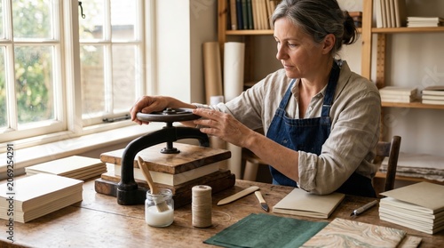 Experienced woman working on bookbinding in a cozy well lit workshop
