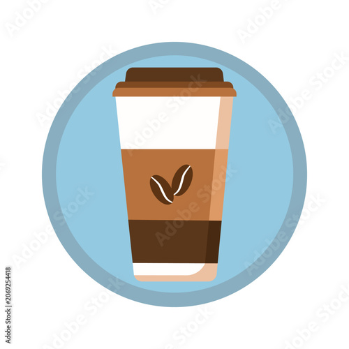 Takeaway coffee cup with a brown plastic lid and a cardboard sleeve adorned with two coffee beans.