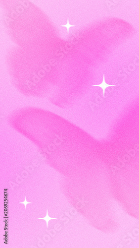 Abstract blurred butterflies with grainy noise effect on vibrant Y2K gradient background. Trendy background template, cover, and wallpaper for social media stories.