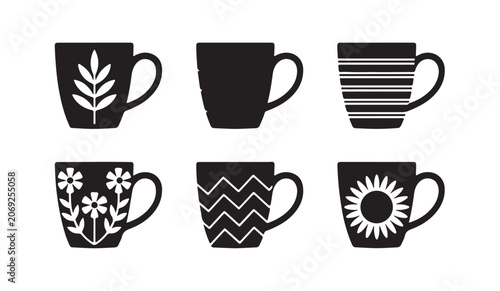 Tableau sur toile Collection of modern mugs featuring natural and geometric motifs in simple black vector design
