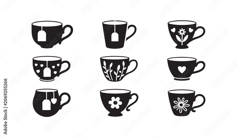 Obraz premium Nine tea cups silhouettes with tea bags and floral ornaments vector icons set on transparent bg.