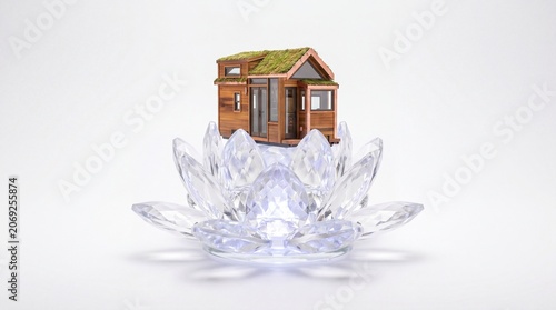 Eco-friendly wooden house on a crystal lotus flower, symbolizing sustainable living and harmony with nature