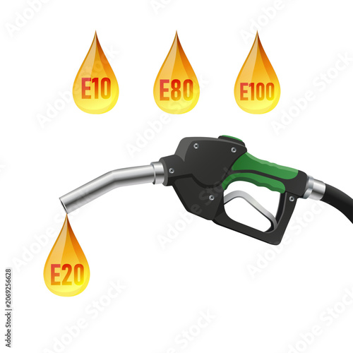 Photos Vector illustration of fuel pump nozzle dispensing E20 ethanol blend fuel drop w