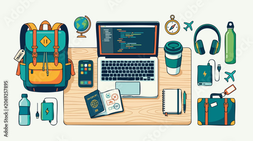 Digital Nomad's Toolkit: A vibrant illustration showcasing the essential gear for a digital nomad, including a laptop with code, backpack, passport, smartphone, headphones, and travel accessories.