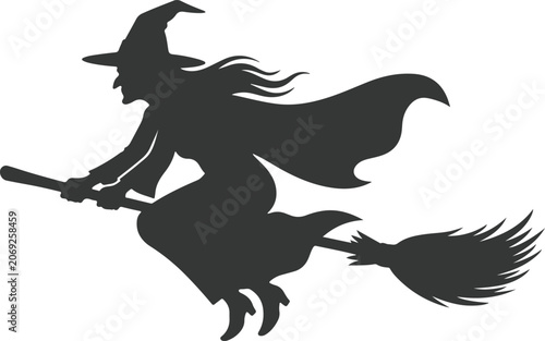 Εκτύπωση καμβά halloween witch flying on broomstick silhouette vector illustration