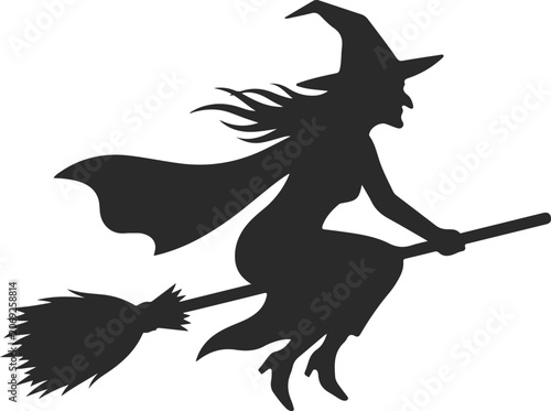 Tableau sur toile halloween witch flying on broomstick silhouette vector illustration