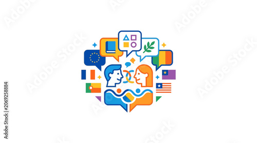 Multilingual Communication Concept: Diverse People, Languages, and Symbols