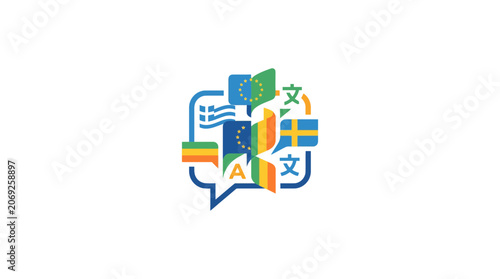 Multilingual Communication Concept: EU Flags and Foreign Characters
