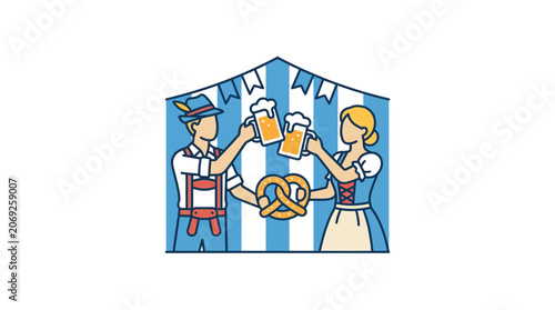 Oktoberfest couple toasting with beer and pretzel in tent