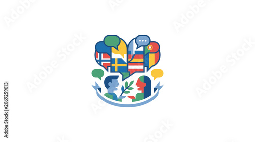 Multilingual Communication Heart Symbol with People and Flags