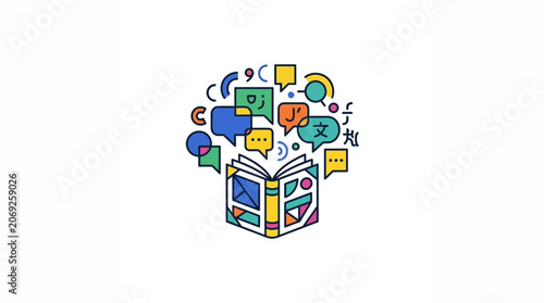 Open Book with Multilingual Speech Bubbles, Language Learning and Communication Concept