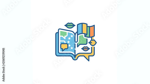 Open book with speech bubbles and lips icon representing communication and learning
