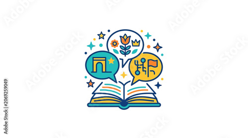 Open Book with Speech Bubbles: Learning, Culture, and Ideas Illustration