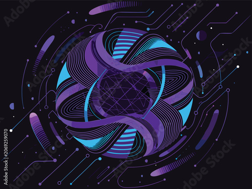 Glowing Neon Digital Sphere with Purple and Blue Energy Lines on Dark Background
