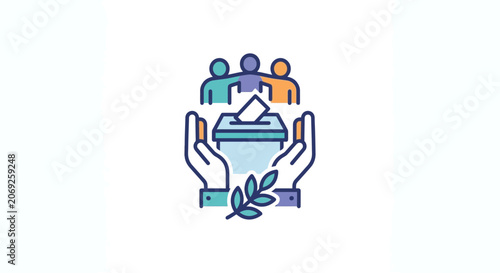 Voting concept icon: people, ballot box, hands, olive branch