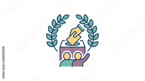 Voting concept with ballot box, laurel wreath and people icons.