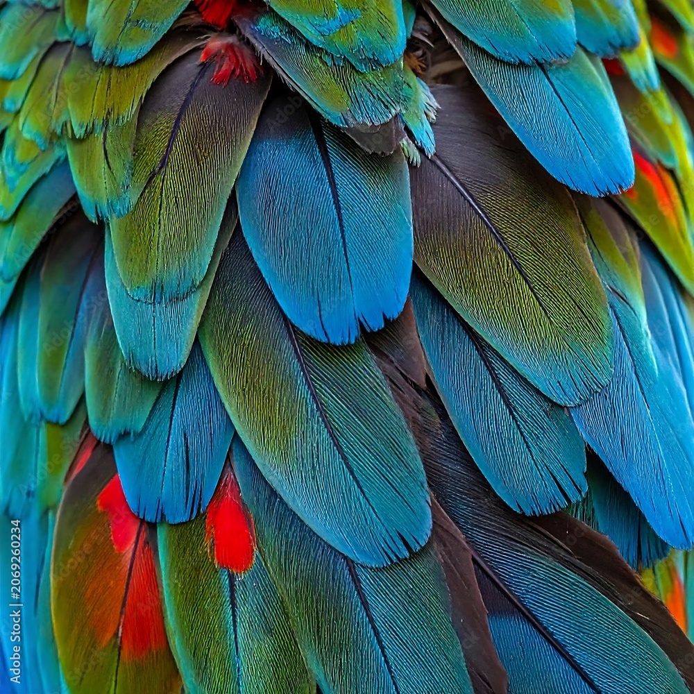 Obraz premium Colorful close up of parrot feathers texture vibrant blue green and red
