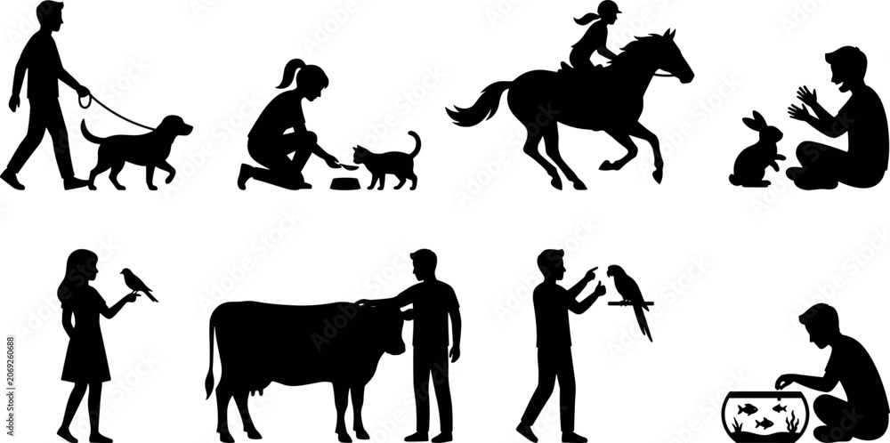Fototapeta premium Collection of human–animal interaction silhouettes featuring pets, livestock, and companionship