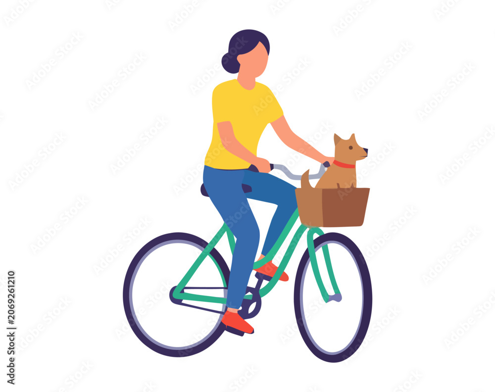 Fototapeta premium People ride a bike set. Young men and women travel by bicycle in summer. Riders are cycling. Cyclist do sports. Happy bicyclists race at walking. Flat isolated vector illustrations on white background