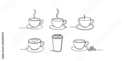 Set of coffee cups and mugs drawn in a continuous single line style Vector, illustration