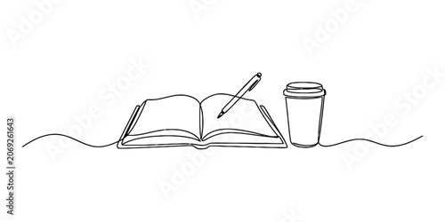 Continuous single line drawing of an open book with a pen and a coffee cup Vector, illustration