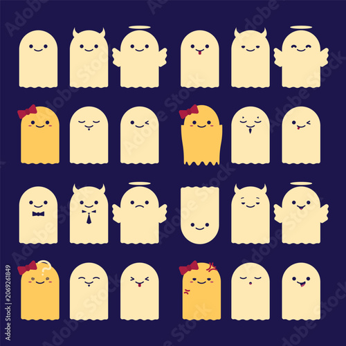 Cute Kawaii Ghost Character Vector Set with Angel and Devil Cartoon Mascots and Funny Expressions