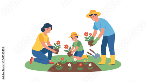 Tableau sur toile A family are planting a small tree in brown soil with a watering can and gardening tools