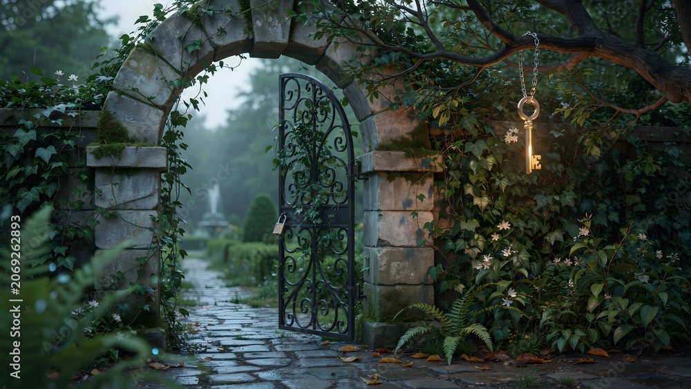 Fototapeta premium Enchanting garden entrance with stone archway, iron gate, lush greenery, and hanging key in a tranquil outdoor setting