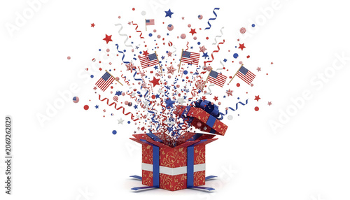 Patriotic Confetti Explosion Gift Box, Isolated On White Background.