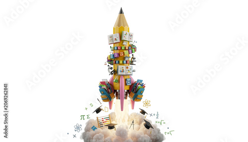 Pencil Rocket Education Concept, Isolated On White Background.