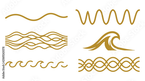 Tablou pe pânză Collection of various wavy line designs and wave patterns in gold