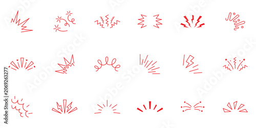 doodle line sparkle vector set, comic style decorative lines, burst effects, and dynamic radial patterns. Hand drawn pop surprise line frame for title headline illustration. Doodle sparkle and rays.