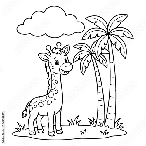 Giraffe standing on grass next to two palm trees under a cloud line art drawing