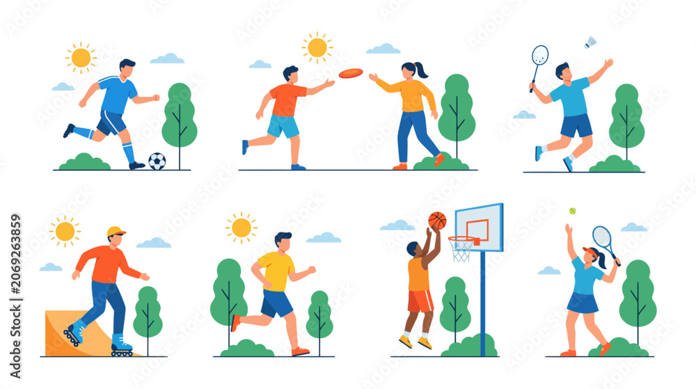 Fototapeta premium Flat vector illustration set featuring people playing various sports including soccer, badminton, tennis, basketball, volleyball, running, skateboarding, and fitness activities