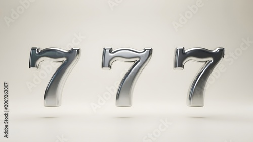 Three shiny silver number sevens arranged in a row on a neutral background