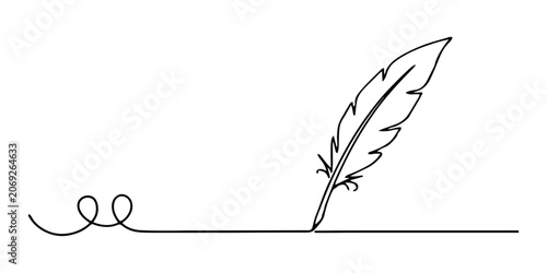 Continuous single line drawing of a quill pen writing Vector, illustration