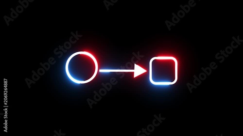 Glowing neon circle and square shapes with arrow animation on black background loop.