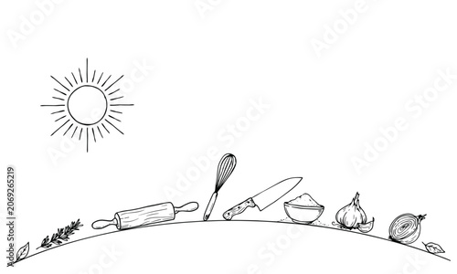 Hand Drawn Kitchen Tools And Ingredients Under Sunny Sky.