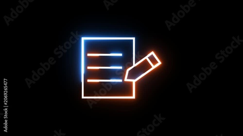 Neon glowing document and pencil icon animation on black background digital symbol.