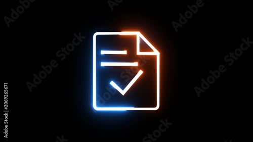 Neon glowing document icon with checkmark symbol animation on black background loop.