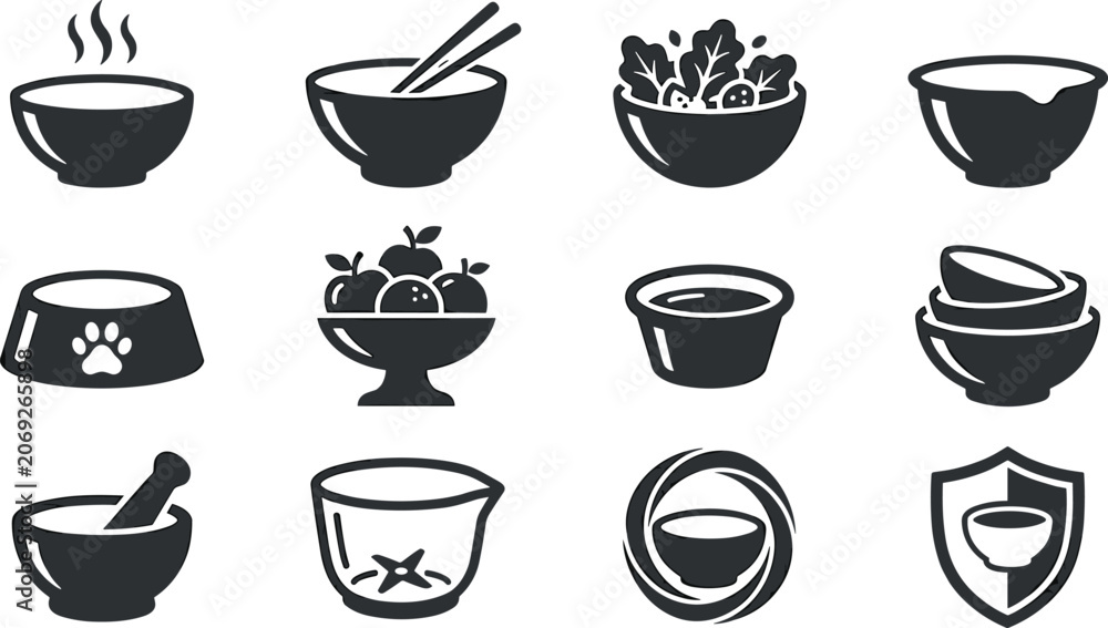 Fototapeta premium Culinary and Household Bowl Glyph Icon Set with Hot Soup Rice Chopsticks Salad Fruit Basket Pet Dish Mortar Pestle Blender and Kitchen Shield Protection Graphics