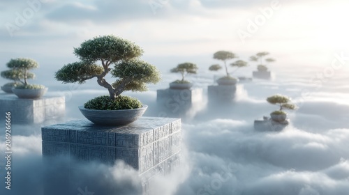 Tranquil Bonsai Trees Resting On Floating Platforms Enveloped By Dreamy Clouds