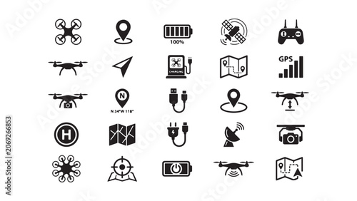 Drone and Navigation Icon Set Black Silhouettes